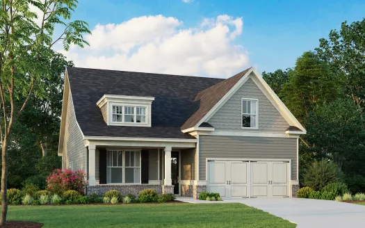 Modern gray two-story house with a double garage, porch, and lush green lawn under a blue sky.