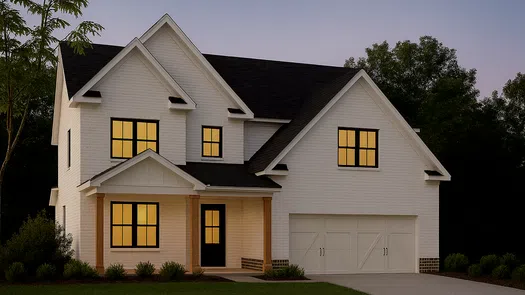 Modern two-story white brick house with lit windows, black roof, and attached garage during twilight.