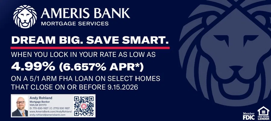 Ameris Bank Mortgage Services ad offering 4.99% ARM FHA loans with contact info and QR code.